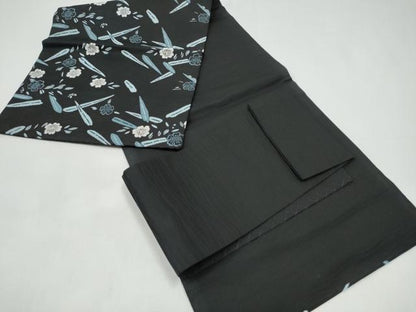 平和屋着物●つけ帯　草花文　黒地　正絹　逸品　CABI0296hy