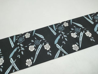 平和屋着物●つけ帯　草花文　黒地　正絹　逸品　CABI0296hy