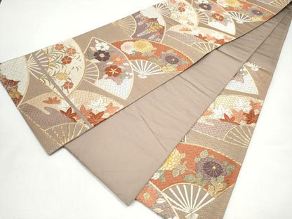 平和屋着物●六通柄袋帯　唐織　扇面草花文　金糸　正絹　逸品　CABI0304hy