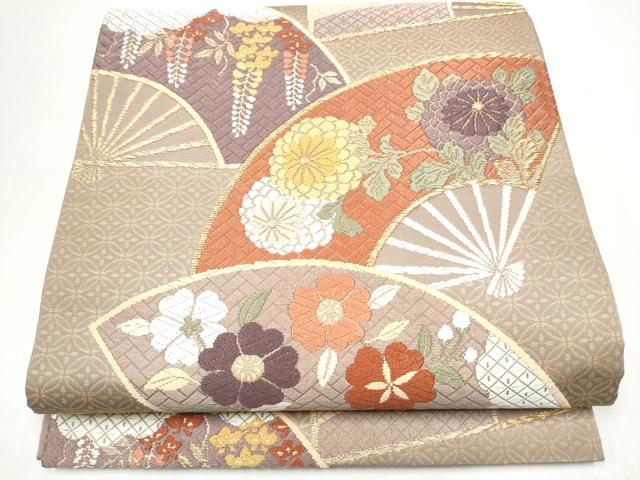 平和屋着物●六通柄袋帯　唐織　扇面草花文　金糸　正絹　逸品　CABI0304hy