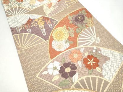 平和屋着物●六通柄袋帯　唐織　扇面草花文　金糸　正絹　逸品　CABI0304hy