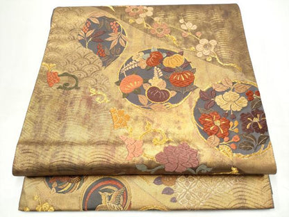 平和屋着物●六通柄袋帯　唐織　草花丸文　金糸　引箔　正絹　逸品　CABI0308hy