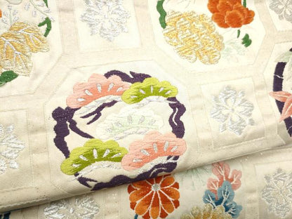 平和屋着物●六通柄袋帯　唐織　花丸陶甲紋　金銀糸　正絹　逸品　CABI0312hy