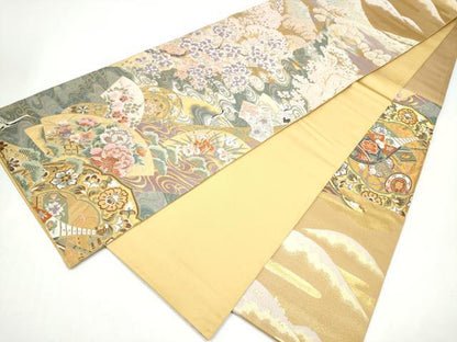 平和屋着物●六通柄袋帯　鏡裏楽器花文　正絹　逸品　CABI0317hy