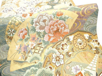 平和屋着物●六通柄袋帯　鏡裏楽器花文　正絹　逸品　CABI0317hy