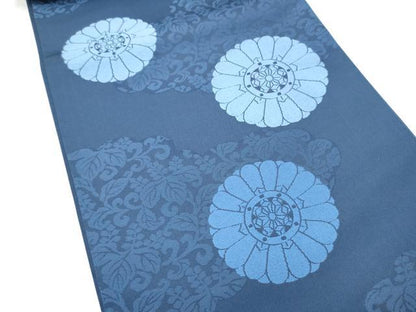 平和屋着物●六通柄袋帯　藍　富士良　菊　正絹　逸品　CABI0319hy