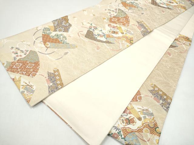 平和屋着物●六通柄袋帯　唐織　朱雀綴れ　絵巻楽器花文　金糸　正絹　逸品　CABI0326hy