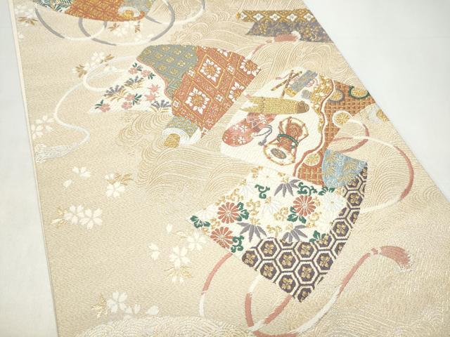 平和屋着物●六通柄袋帯　唐織　朱雀綴れ　絵巻楽器花文　金糸　正絹　逸品　CABI0326hy