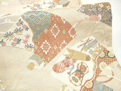 平和屋着物●六通柄袋帯　唐織　朱雀綴れ　絵巻楽器花文　金糸　正絹　逸品　CABI0326hy
