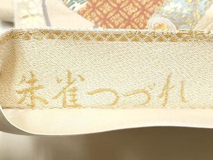 平和屋着物●六通柄袋帯　唐織　朱雀綴れ　絵巻楽器花文　金糸　正絹　逸品　CABI0326hy