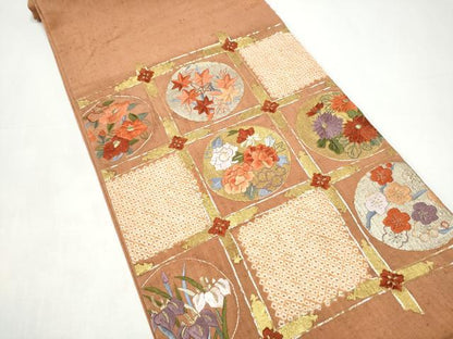 平和屋着物●太鼓柄袋帯　紬地　絞り　駒刺繍　草花丸文　金彩　正絹　逸品　CABI0333hy
