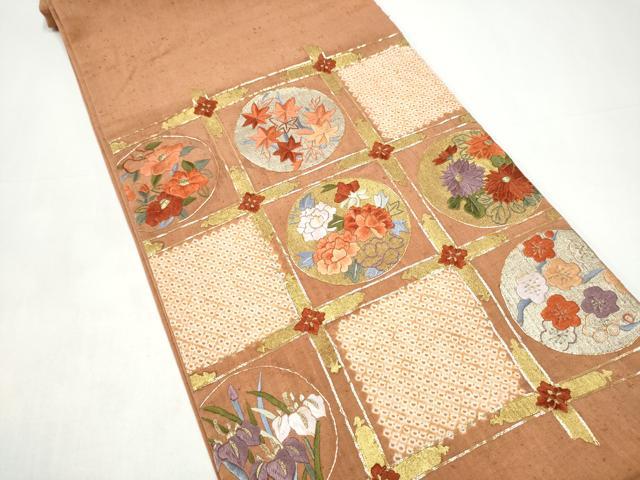 平和屋着物●太鼓柄袋帯　紬地　絞り　駒刺繍　草花丸文　金彩　正絹　逸品　CABI0333hy