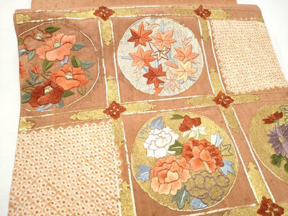 平和屋着物●太鼓柄袋帯　紬地　絞り　駒刺繍　草花丸文　金彩　正絹　逸品　CABI0333hy