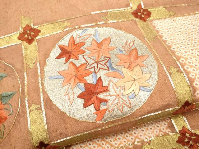平和屋着物●太鼓柄袋帯　紬地　絞り　駒刺繍　草花丸文　金彩　正絹　逸品　CABI0333hy