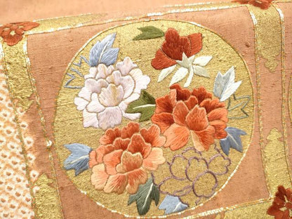 平和屋着物●太鼓柄袋帯　紬地　絞り　駒刺繍　草花丸文　金彩　正絹　逸品　CABI0333hy