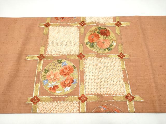 平和屋着物●太鼓柄袋帯　紬地　絞り　駒刺繍　草花丸文　金彩　正絹　逸品　CABI0333hy