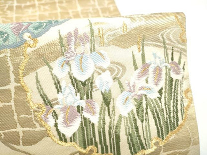 平和屋着物●六通柄袋帯　2通別腹新丸帯　雪輪草花文　金糸　正絹　逸品　CABI0334hy