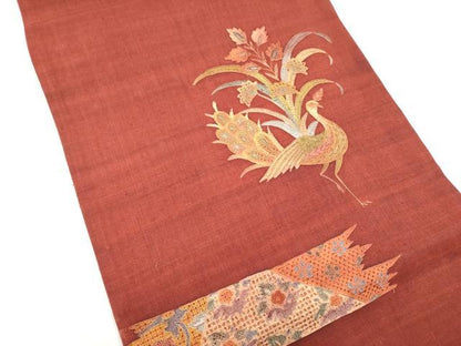 平和屋着物●中国三大刺繍　スワトウ刺繍　総刺繍　太鼓柄袋帯　紬地　孔雀花文　正絹　逸品　CABI0344hy