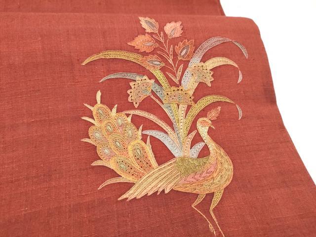 平和屋着物●中国三大刺繍　スワトウ刺繍　総刺繍　太鼓柄袋帯　紬地　孔雀花文　正絹　逸品　CABI0344hy