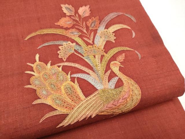 平和屋着物●中国三大刺繍　スワトウ刺繍　総刺繍　太鼓柄袋帯　紬地　孔雀花文　正絹　逸品　CABI0344hy