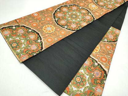 平和屋着物●六通柄袋帯　唐織　唐花鏡裏　黒地　金糸　正絹　逸品　CABI0345hy