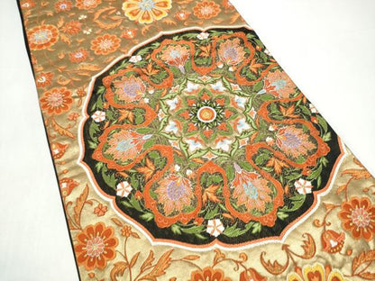 平和屋着物●六通柄袋帯　唐織　唐花鏡裏　黒地　金糸　正絹　逸品　CABI0345hy