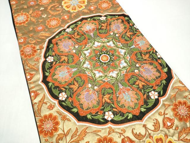 平和屋着物●六通柄袋帯　唐織　唐花鏡裏　黒地　金糸　正絹　逸品　CABI0345hy