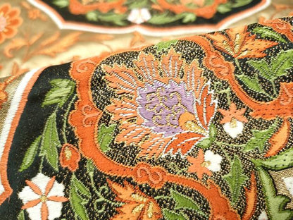 平和屋着物●六通柄袋帯　唐織　唐花鏡裏　黒地　金糸　正絹　逸品　CABI0345hy