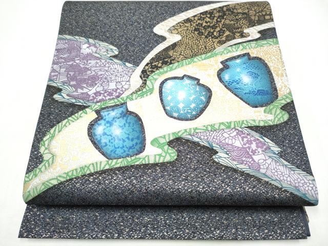 平和屋着物●太鼓柄袋帯　作家物　陶器花文　金彩　正絹　逸品　CABI0355hy