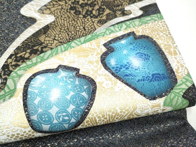 平和屋着物●太鼓柄袋帯　作家物　陶器花文　金彩　正絹　逸品　CABI0355hy