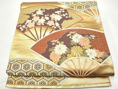 平和屋着物●西陣　河合美術織物謹製　六通柄袋帯　唐織　扇面草花文　金糸　正絹　逸品　CABI0357hy