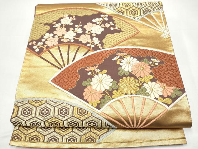 平和屋着物●西陣　河合美術織物謹製　六通柄袋帯　唐織　扇面草花文　金糸　正絹　逸品　CABI0357hy