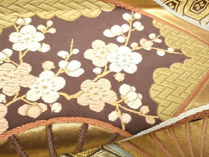 平和屋着物●西陣　河合美術織物謹製　六通柄袋帯　唐織　扇面草花文　金糸　正絹　逸品　CABI0357hy