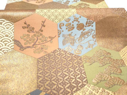 平和屋着物●西陣　紫鉱謹製　六通柄袋帯　亀甲草花文　金糸　正絹　逸品　CABI0366hy