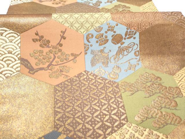 平和屋着物●西陣　紫鉱謹製　六通柄袋帯　亀甲草花文　金糸　正絹　逸品　CABI0366hy