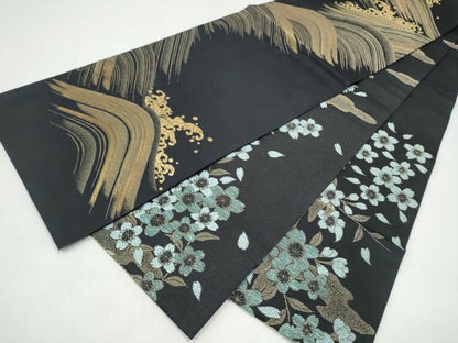平和屋着物●全通柄袋帯　流水文　黒地　金通し地　正絹　逸品　CABI0367hy