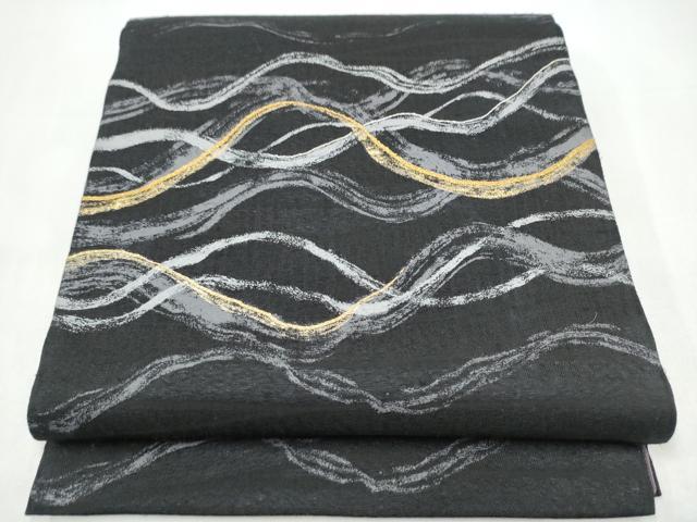 平和屋着物▽六通柄袋帯　スリーシーズン　春夏秋　よろけ縞　黒地　金糸　正絹　逸品　CABI0368hy