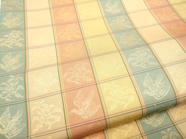 平和屋着物●名物裂一筋　西陣・あらいそ謹製　全通柄　本袋帯　市松鳥文　金糸　正絹　逸品　CABI0374hy
