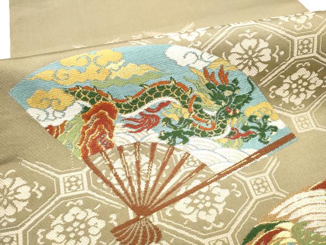 平和屋着物●アンティーク　大正ロマン　六通柄　本袋帯　扇面龍花文　金糸　正絹　逸品　CABI0375hy