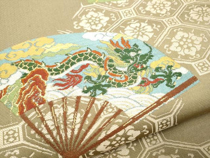 平和屋着物●アンティーク　大正ロマン　六通柄　本袋帯　扇面龍花文　金糸　正絹　逸品　CABI0375hy
