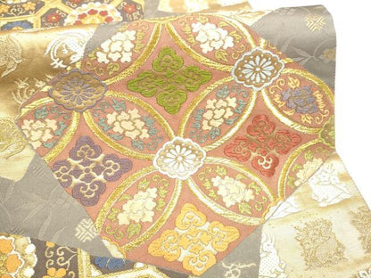 平和屋着物●両面　六通柄袋帯　唐織　色紙重ね吉祥文　金糸　正絹　逸品　CABI0388hy