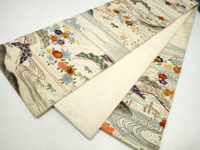 平和屋着物●アンティーク　大正ロマン　六通柄袋帯　駒刺繍　草花文　正絹　逸品　CABI0391hy