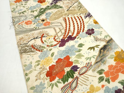 平和屋着物●アンティーク　大正ロマン　六通柄袋帯　駒刺繍　草花文　正絹　逸品　CABI0391hy