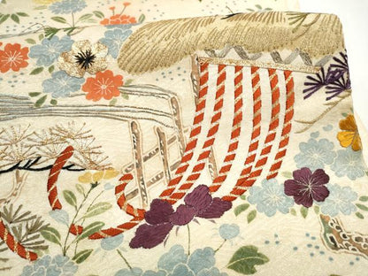 平和屋着物●アンティーク　大正ロマン　六通柄袋帯　駒刺繍　草花文　正絹　逸品　CABI0391hy
