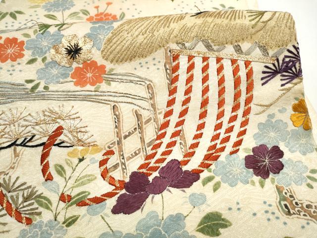 平和屋着物●アンティーク　大正ロマン　六通柄袋帯　駒刺繍　草花文　正絹　逸品　CABI0391hy