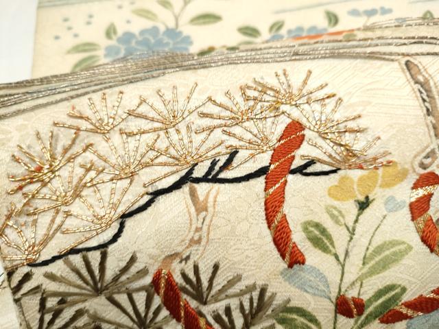 平和屋着物●アンティーク　大正ロマン　六通柄袋帯　駒刺繍　草花文　正絹　逸品　CABI0391hy