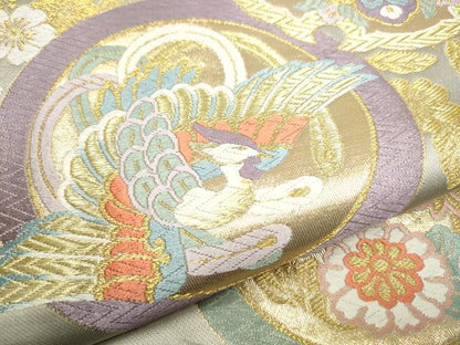 平和屋着物●六通柄袋帯　唐織　鳳凰花丸文　金糸　正絹　逸品　CABI0398hy