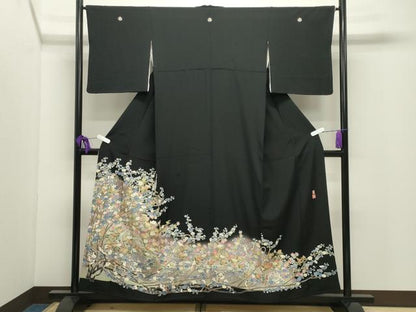 平和屋着物●本加賀友禅作家　百貫華峰　黒留袖　休み鳥枝梅花文　暈し染め　正絹　逸品　CABI0411gh