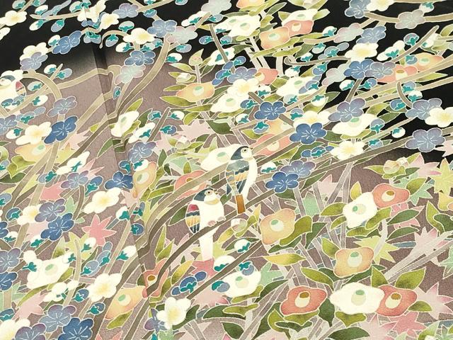 平和屋着物●本加賀友禅作家　百貫華峰　黒留袖　休み鳥枝梅花文　暈し染め　正絹　逸品　CABI0411gh