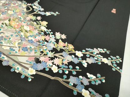 平和屋着物●本加賀友禅作家　百貫華峰　黒留袖　休み鳥枝梅花文　暈し染め　正絹　逸品　CABI0411gh